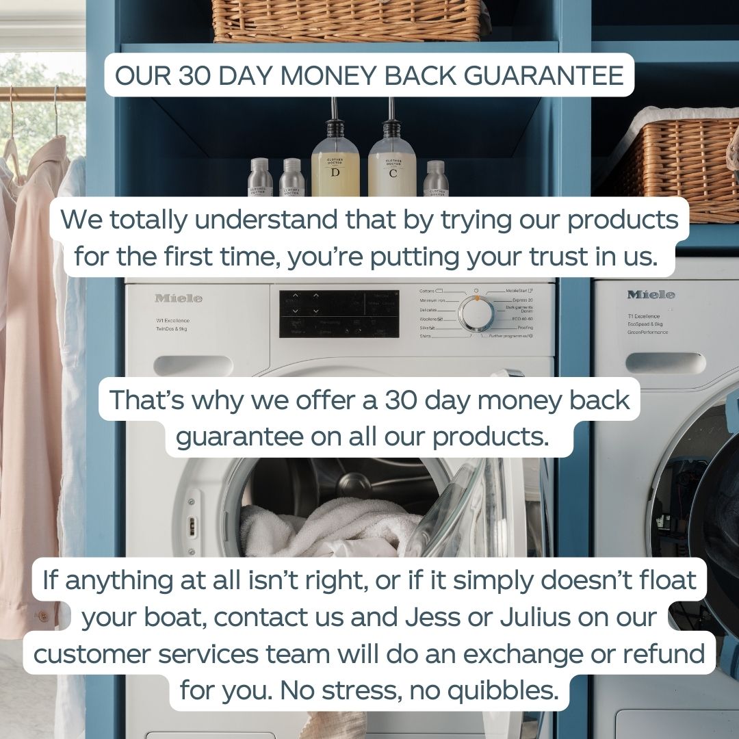 Laundry room with washer and dryer, text overlay about 30-day money back guarantee.