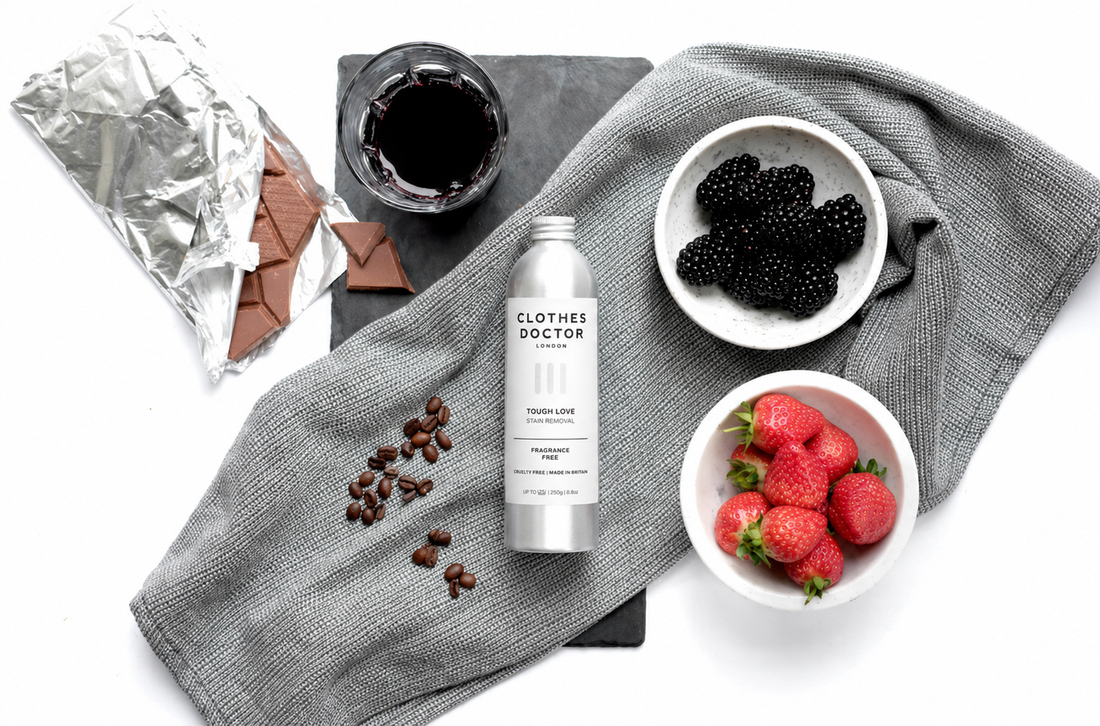 Tough love stain remover with berries and trousers