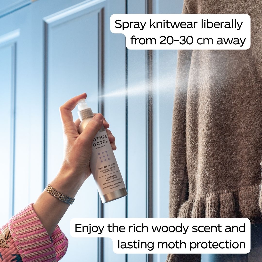 Person holding a spray bottle labeled 'The Doctor' and applying it to a brown sweater with text about spray application and benefits.