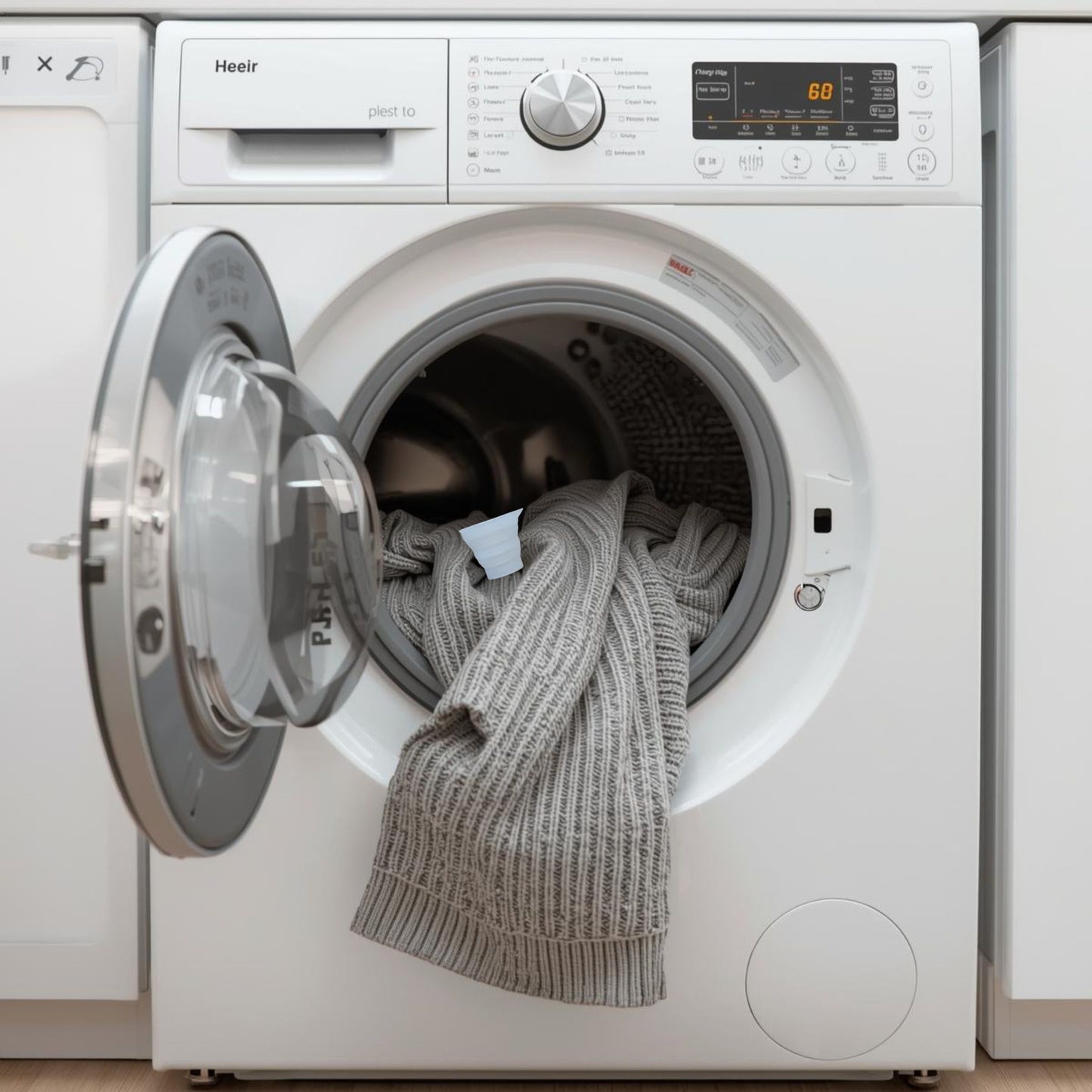 White washing machine with open door showing a gray sweater inside, on a light wooden floor.
