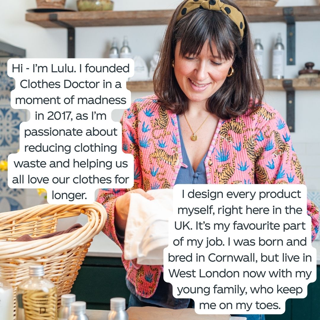 Woman in a kitchen setting with text overlay about Clothes Doctor and Lulu's background.