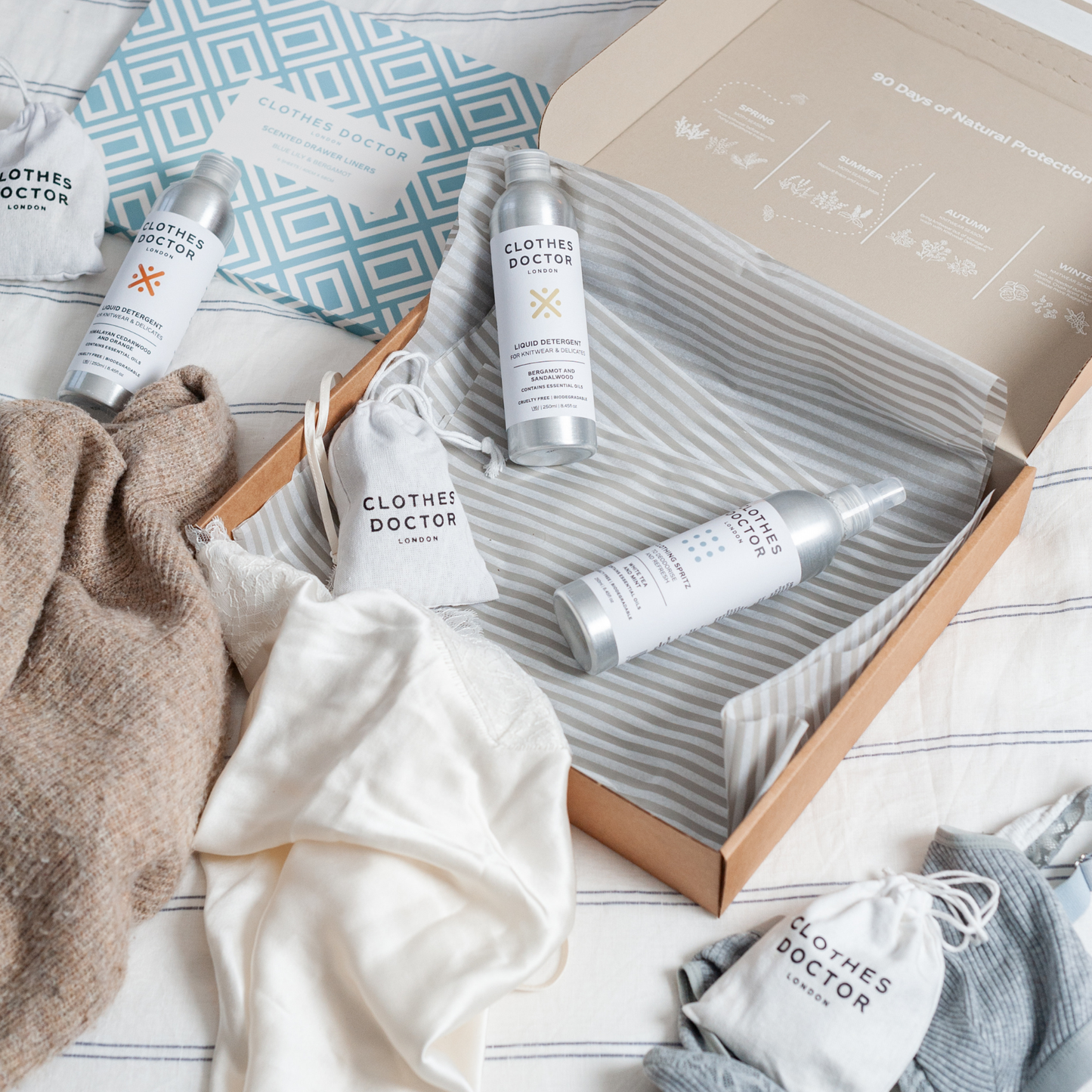 Clothes Doctor product set with bottles, cloths, and packaging on a white surface