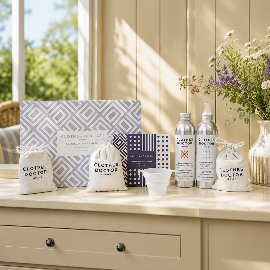 Clothes Doctor products including bags, bottles, and packaging on a table with a window and flowers in the background.
