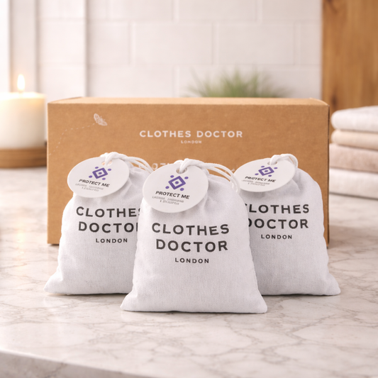Three 'Clothes Doctor London' bags on a marble surface with a cardboard box in the background.
