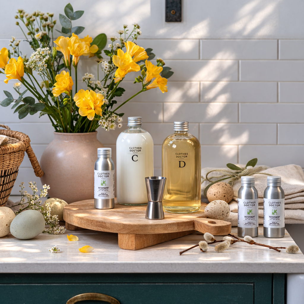 Detergent and fabric conditioner on a counter with flowers and a basket in the background