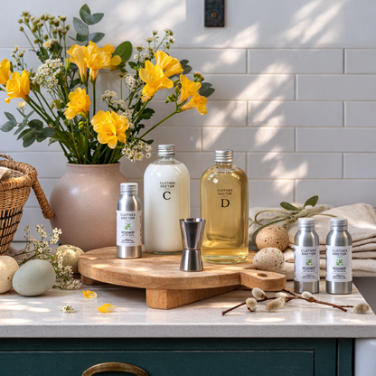 Detergent and fabric conditioner on a counter with flowers and a basket in the background