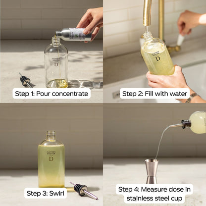 Step-by-step guide on how to use a cleaning concentrate bottle with water.