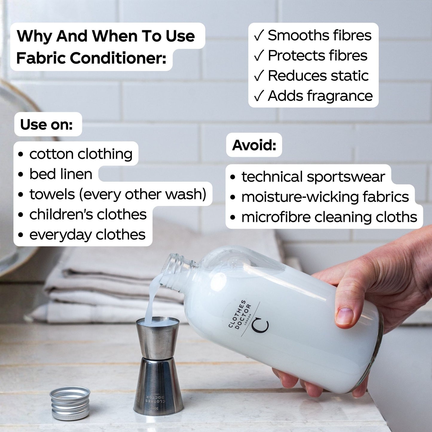 Fabric conditioner bottle being poured into a measuring cup with text on its uses and benefits.