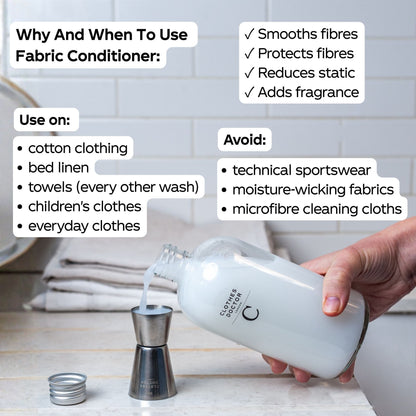 Fabric conditioner bottle being poured into a measuring cup with text on its uses and benefits.