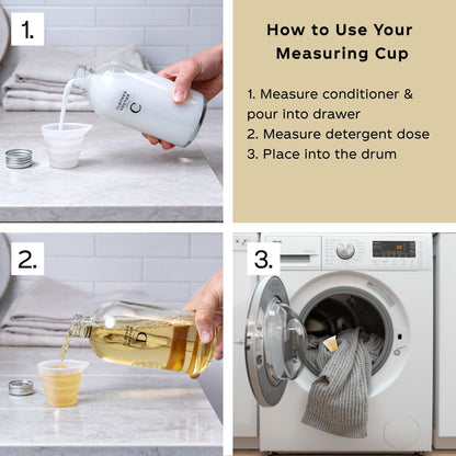 Step-by-step guide on using a measuring cup for laundry detergent with images of pouring and washing clothes.