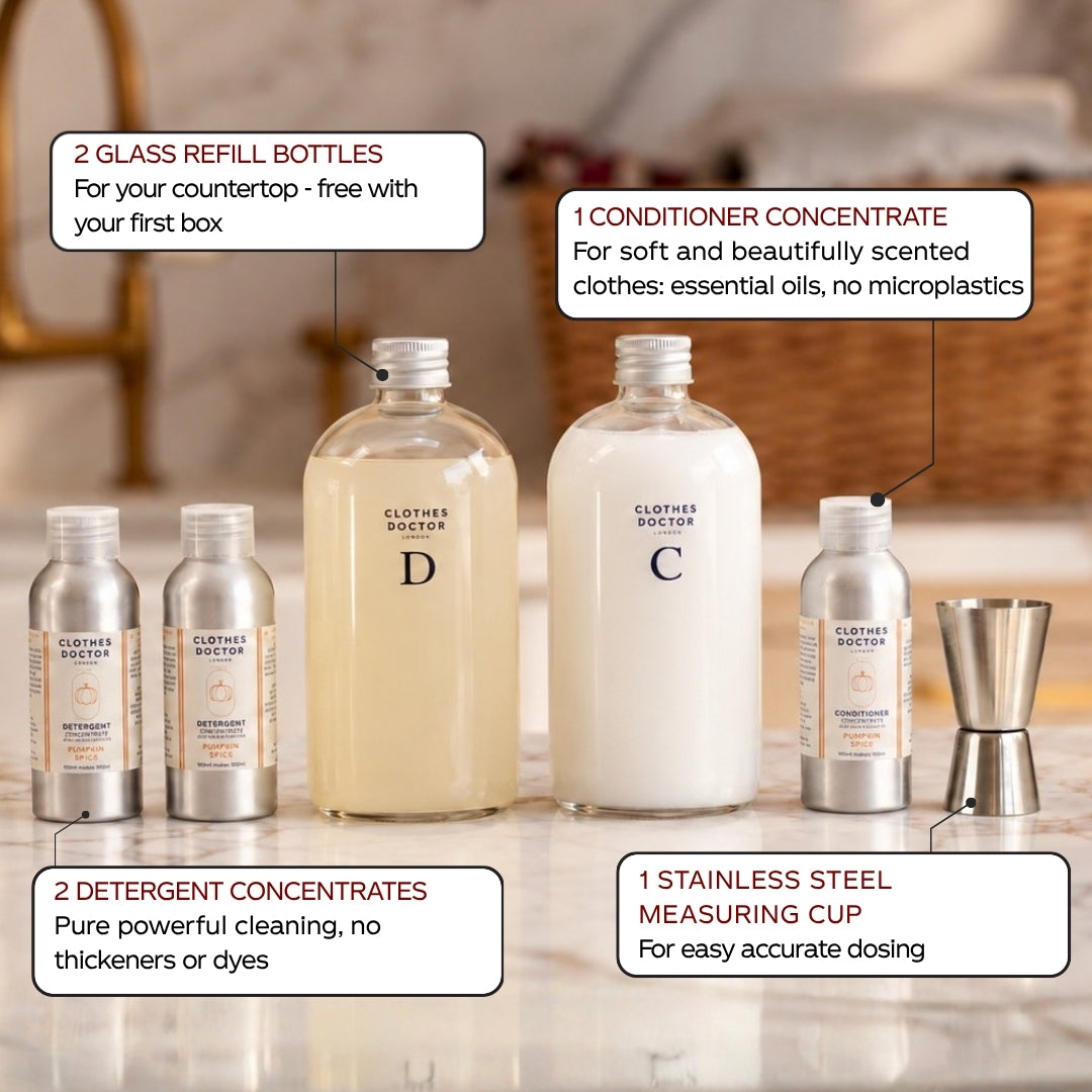 A set of Cloth Doctor laundry care refill bottles and accessories arranged on a countertop with callout boxes explaining what is included: two glass refill bottles, one conditioner concentrate bottle, two detergent concentrate bottles, and a stainless steel measuring cup.