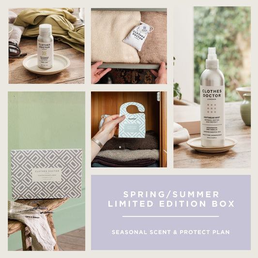 Collage of products and packaging with 'Clothes Doctor' branding, featuring a limited edition box for spring/summer.